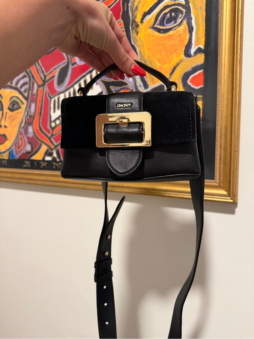 DKNY Black Mini Top-Handle Bag with Gold Buckle Accent leather